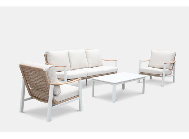 Naxos sofagruppe 3+1+1+bord Hvit/natur ramme/beige tekstil 