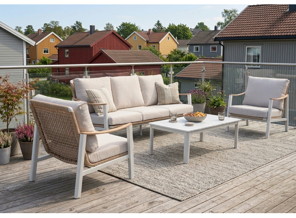 Naxos sofagruppe 3+1+1+bord Hvit/natur ramme/beige tekstil 