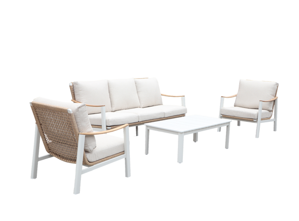 Naxos sofagruppe 3+1+1+bord Hvit/natur ramme/beige tekstil 