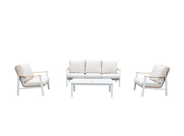 Naxos sofagruppe 3+1+1+bord Hvit/natur ramme/beige tekstil 