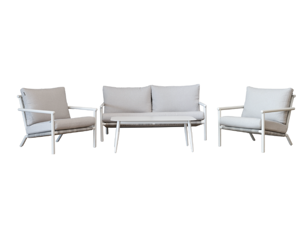 Milos sofagruppe, 2+1+1 + bord Krem aluminiumramme/grå plastflett 