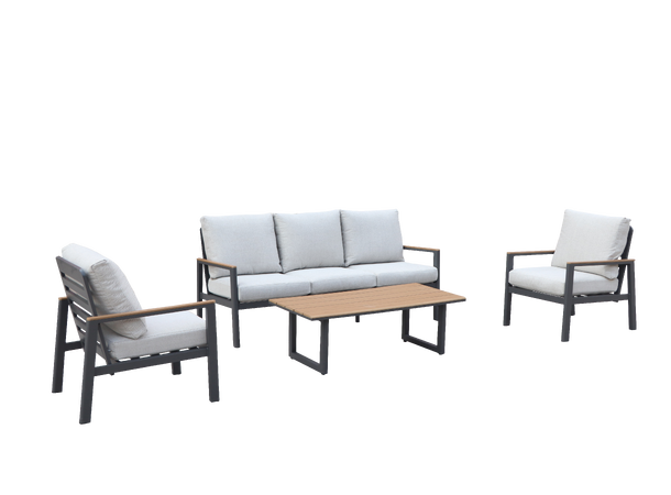 Palermo sofagruppe 3+1+1+Polywood bord Grå ramme/beige tekstil/polywood 