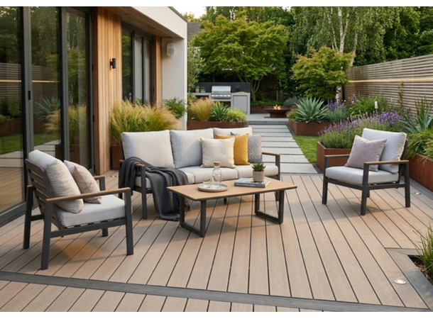 Palermo sofagruppe 3+1+1+ nonwood bord Grå ramme/beige tekstil/nonwood 