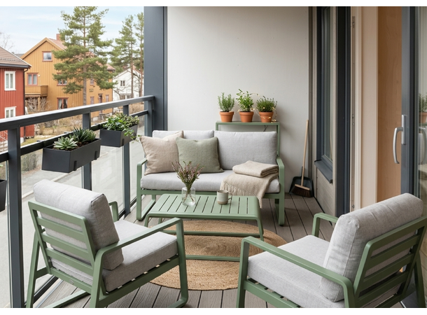 Samos sofagruppe 2+1+1+Bord Grønn ramme/beige tekstil 
