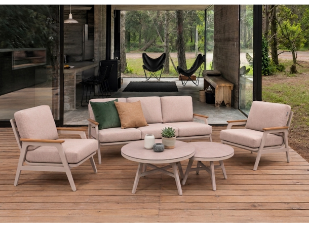 Arran sofagruppe, 3+1+1+ 2 bord Beige alu.ramme/teak - beige puter 