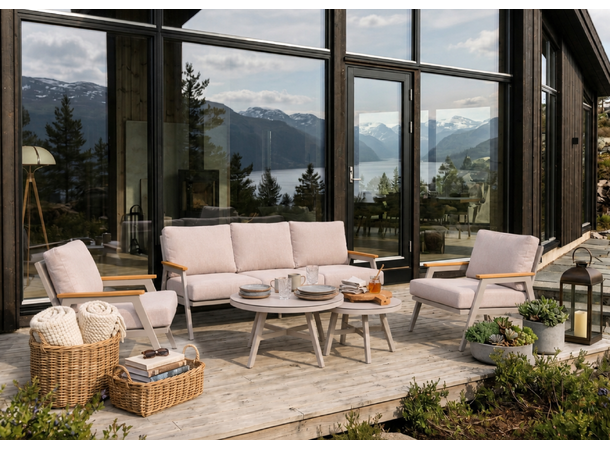 Arran sofagruppe, 3+1+1+ 2 bord Beige alu.ramme/teak - beige puter 