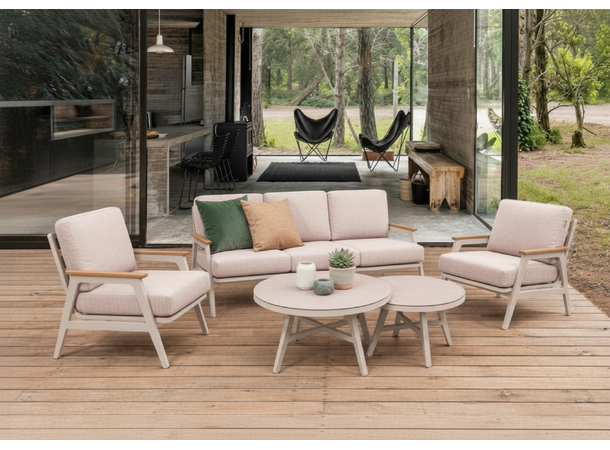 Arran sofagruppe, 3+1+1+ 2 bord Beige alu.ramme/teak - beige puter 