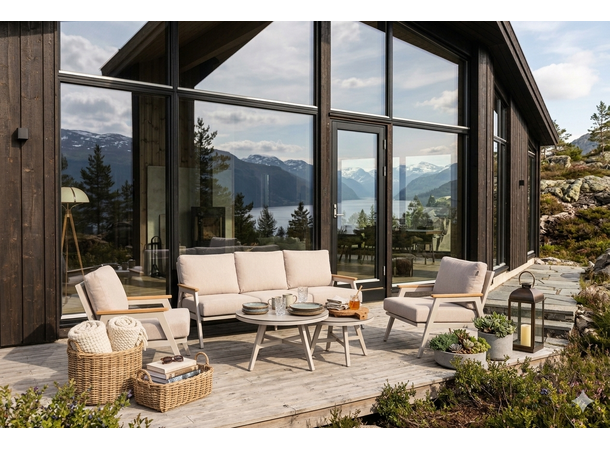Arran sofagruppe, 3+1+1+ 2 bord Beige alu.ramme/teak - beige puter 