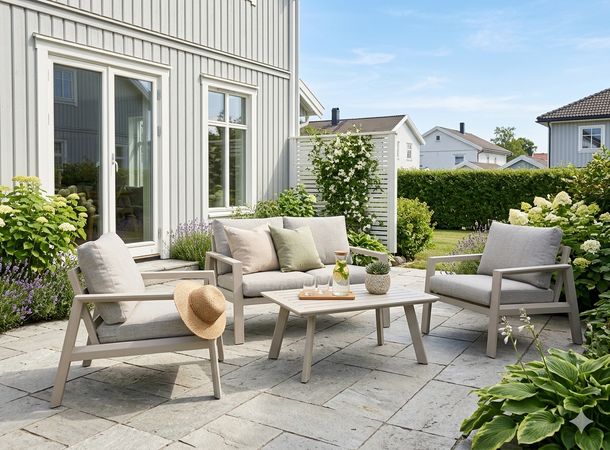 Langør sofagruppe 2+1+1+ Bord Beige alu ramme, grå puter 