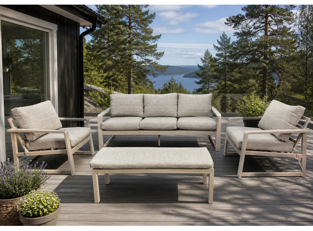 Brevik hagegruppe, 3+1+1+benk Beige alu ramme, grå puter 