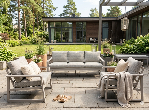 Brevik hagegruppe, 3+1+1+benk Beige alu ramme, grå puter 