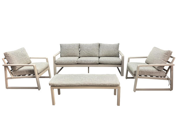 Brevik hagegruppe, 3+1+1 seter + benk Beige alu ramme, grå puter 